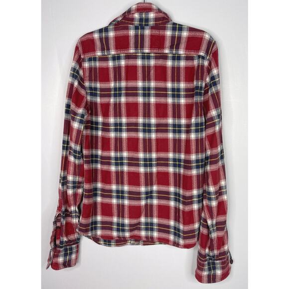 Abercrombie & Fitch Mens Large L Red Blue Plaid Flannel Button Down Shirt Cotton - Picture 2 of 7